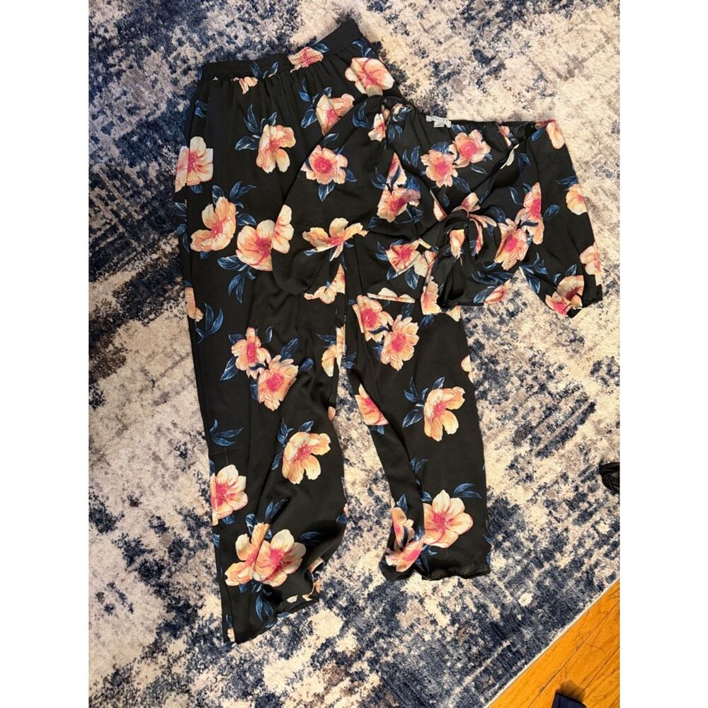 FAVLUX Black Floral Two-Piece Set with Peach and Blue Flowers